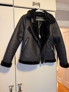 Nannette Black Faux Leather Shearling-Trim Jacket